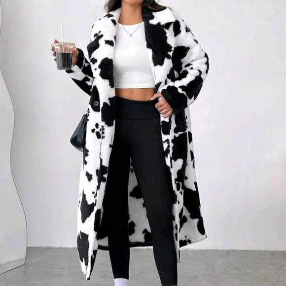 Women's Cow Print Faux Fur Long Coat - Picture 2 of 8
